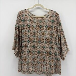 Solitaire Women XL Multicolor Rayon Boho Embroidered Scalloped Hem Top